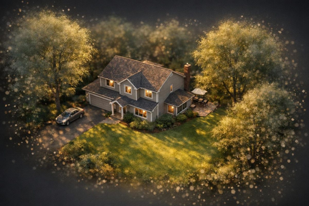 Photoreal radiance-field render of a residential property
